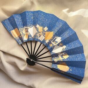 1980s Japanese Geometric Blue & Gold Folding Hand Fan